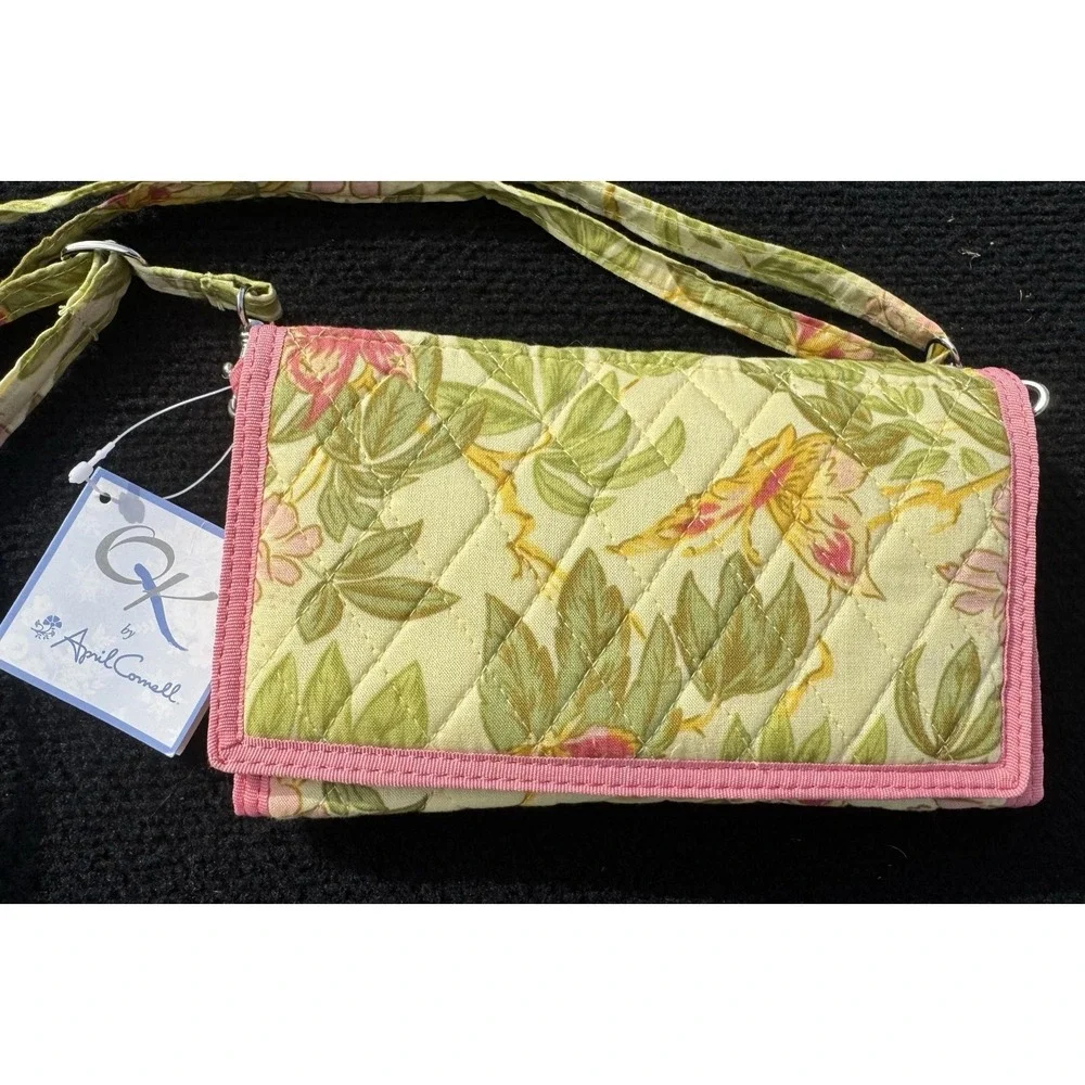 April Cornell Quilted Floral Crossbody Wallet Organizer Purse Pink Green NWT